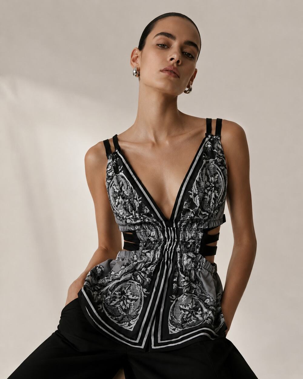 Express Y2K Baroque Print Strappy Peplum Top XS Deep V Cutout Waist